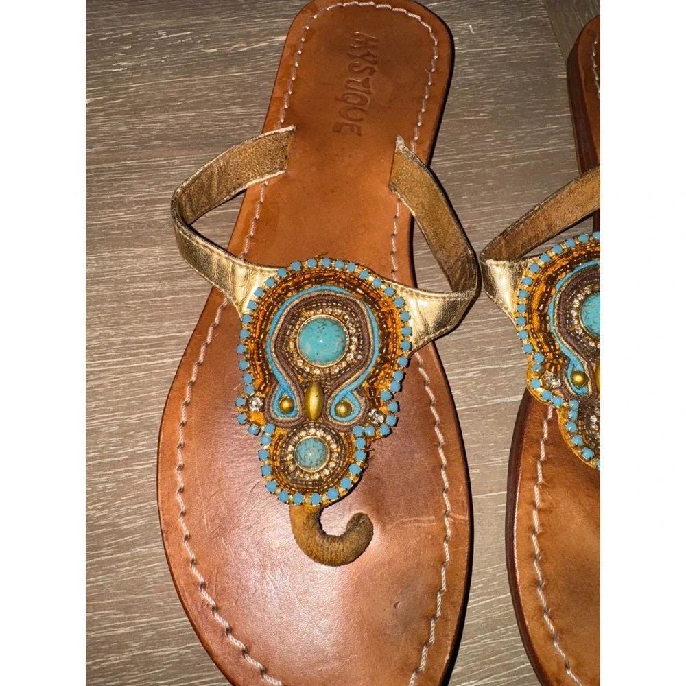 Mystique Beaded Thong Sandals Turquoise Embellished Gold Straps Size‎ 7 - Picture 3 of 7